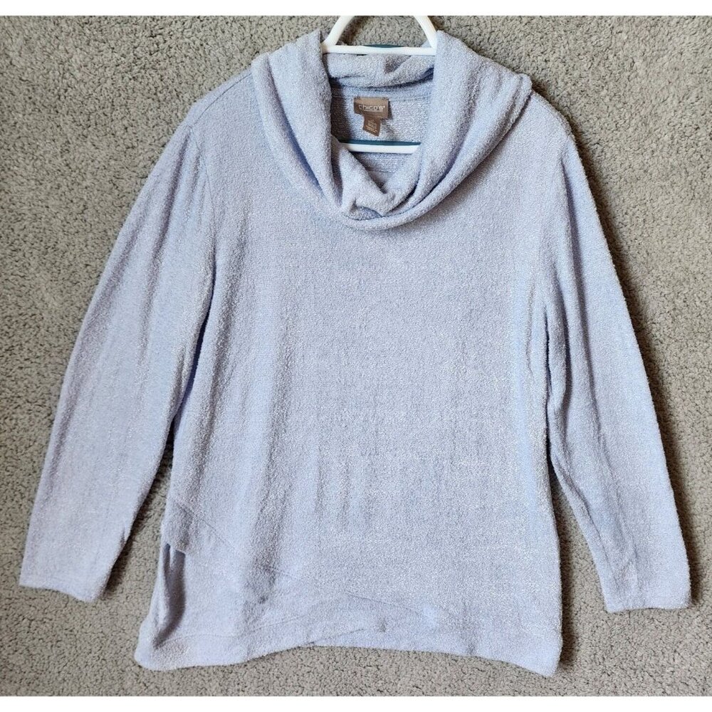 Chico's Women's Long Sleeve Cowl Neck Fuzzy Soft Knit Pullover Sweater Blue Sz L